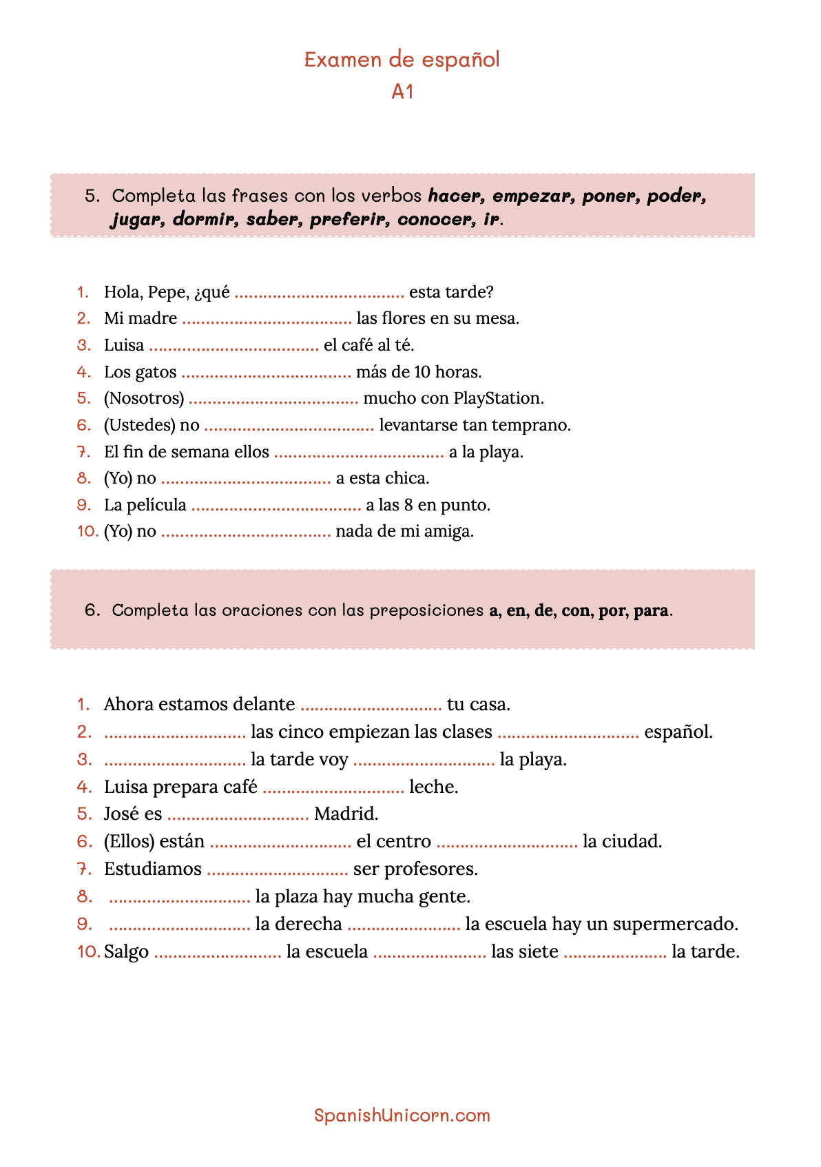 Examen De Español Para Nivel A1 + Descarga DOCX